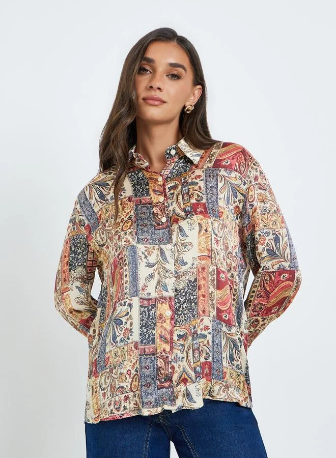 ستايلي بلوزة ساتان مطبوعة بأزرار للنساء